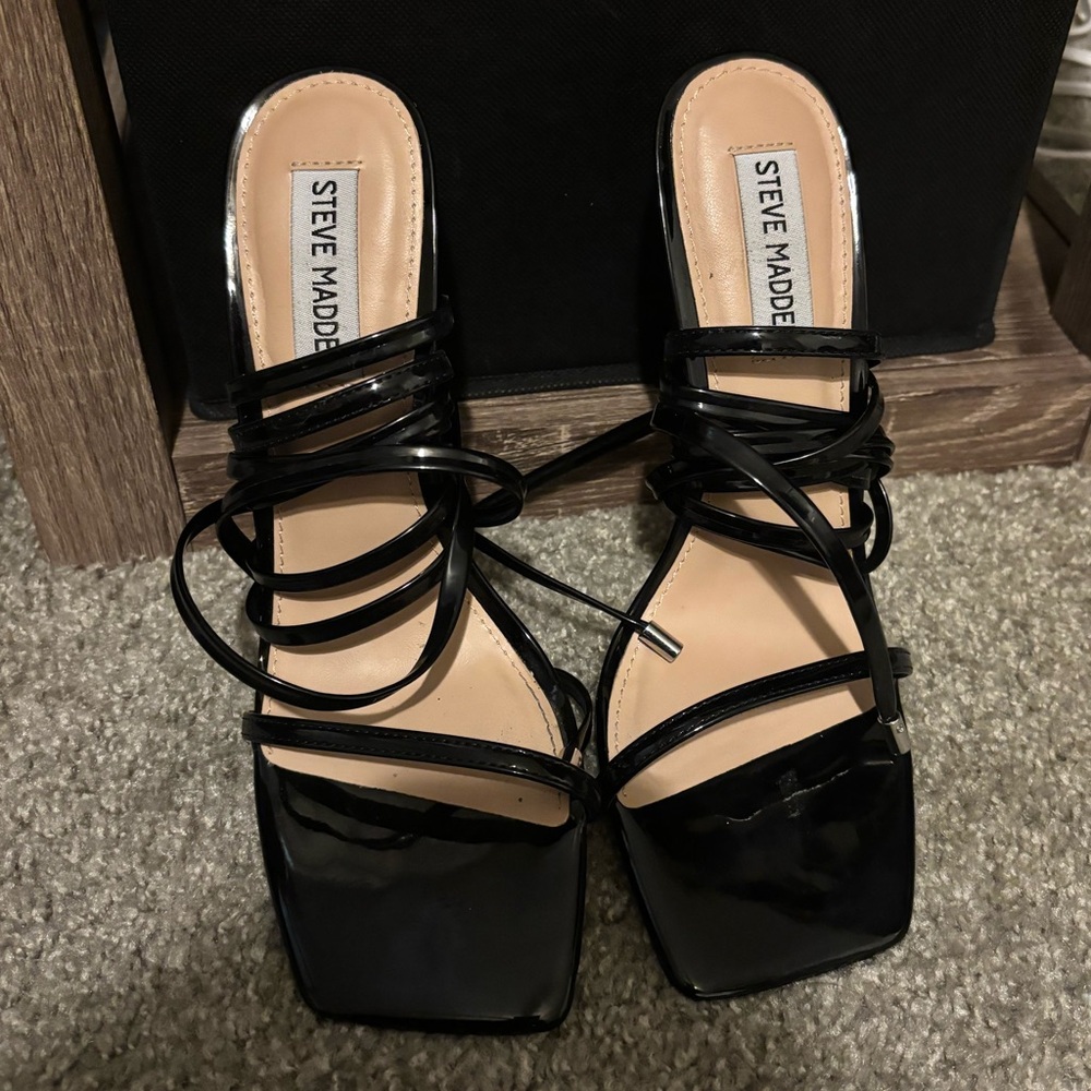 Steve Madden Glossy Black Strappy Heels